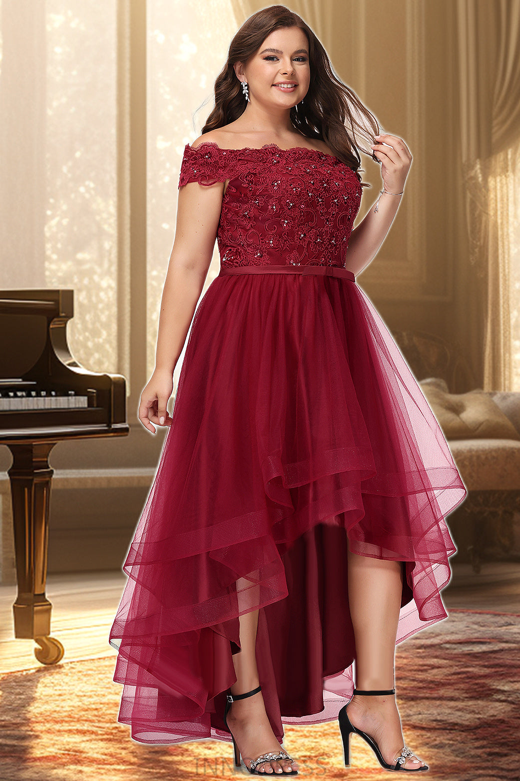 Brynlee A-line Off the Shoulder Asymmetrical Lace Tulle Homecoming Dress With Beading Bow Sequins DPP0020535