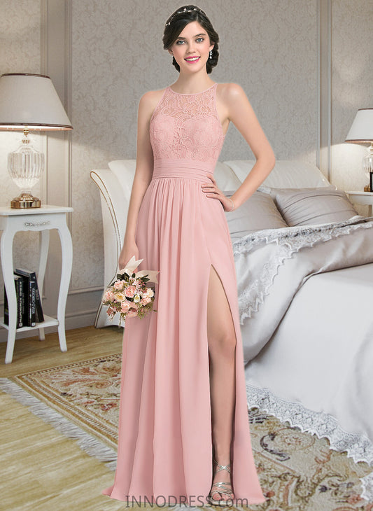 Melina A-Line Scoop Neck Floor-Length Chiffon Lace Bridesmaid Dress With Ruffle Split Front DPP0013089