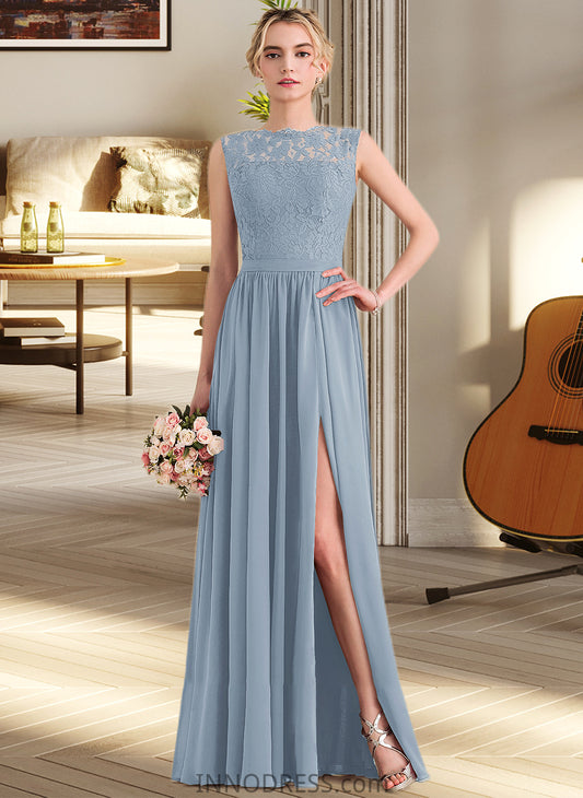 Monica A-Line Scoop Neck Floor-Length Chiffon Lace Bridesmaid Dress With Split Front DPP0013114