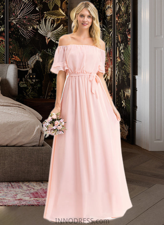 Kimora A-Line Off-the-Shoulder Floor-Length Chiffon Bridesmaid Dress With Bow(s) Cascading Ruffles DPP0013121