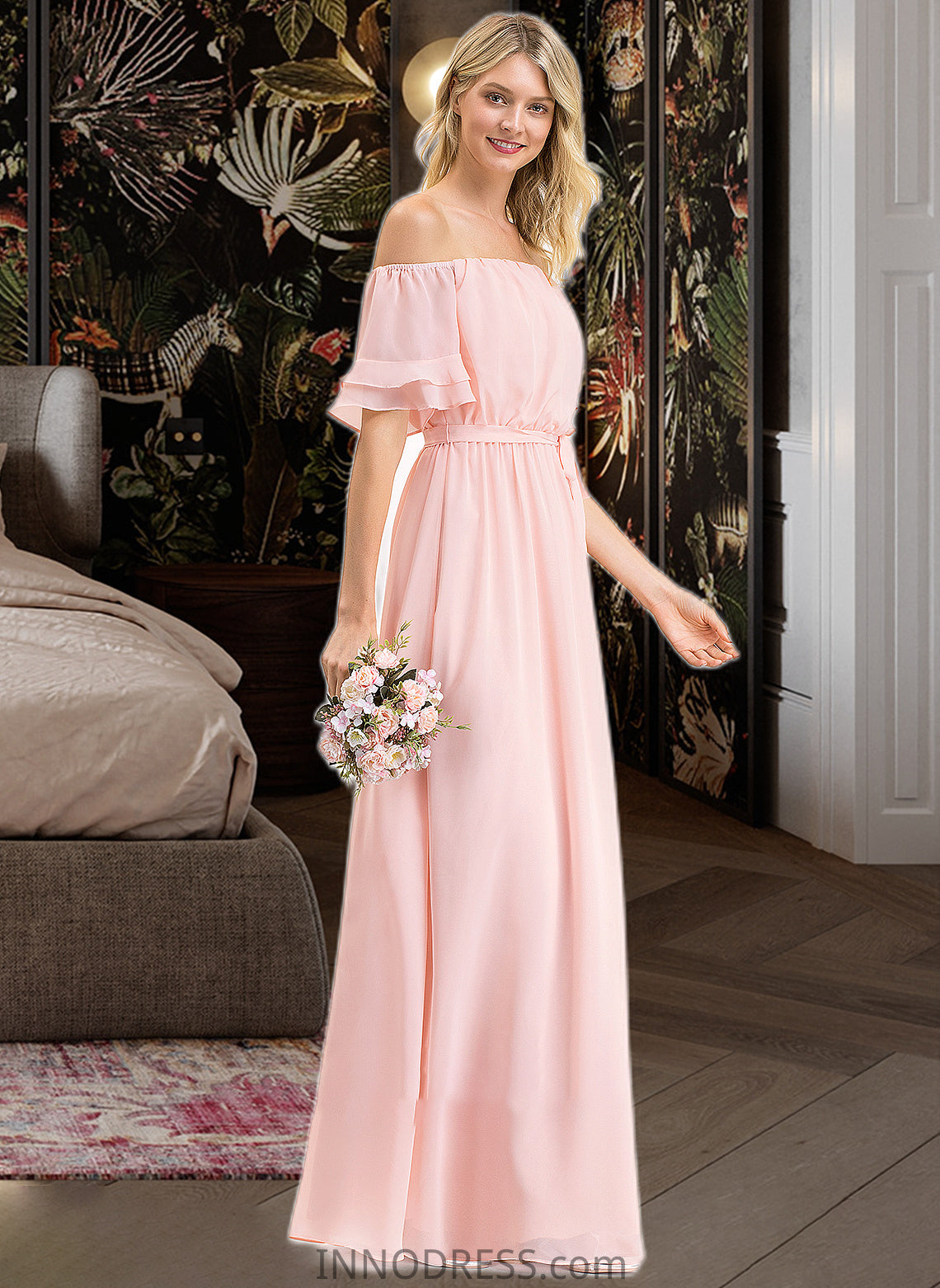 Kimora A-Line Off-the-Shoulder Floor-Length Chiffon Bridesmaid Dress With Bow(s) Cascading Ruffles DPP0013121