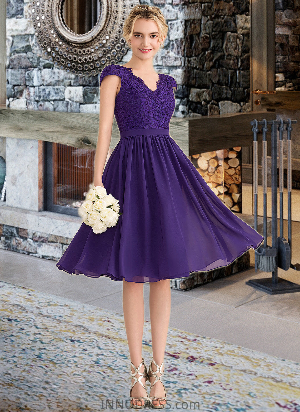 Macy A-Line V-neck Knee-Length Chiffon Lace Bridesmaid Dress DPP0013122