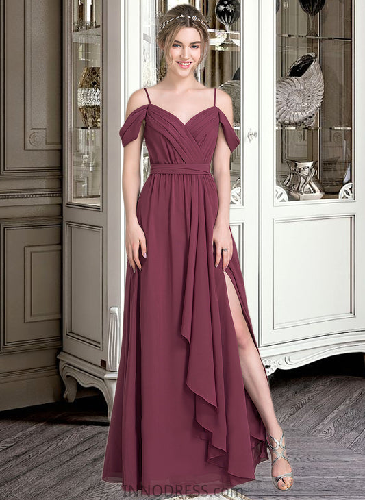 Ingrid A-Line V-neck Floor-Length Chiffon Bridesmaid Dress With Bow(s) Split Front Cascading Ruffles DPP0013123