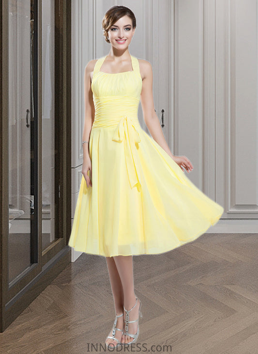 Marilyn Halter Empire Knee-length Chiffon Bridesmaid Dress With Ruffle Bow(s) DPP0013124