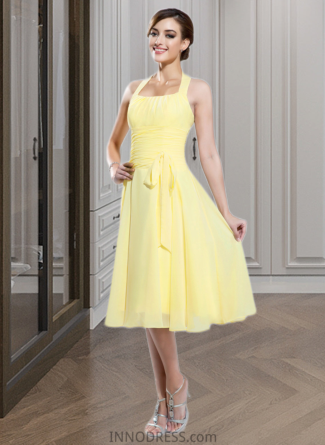 Marilyn Halter Empire Knee-length Chiffon Bridesmaid Dress With Ruffle Bow(s) DPP0013124