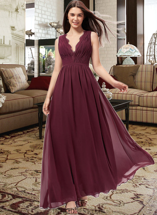 Janiah A-Line V-neck Floor-Length Chiffon Bridesmaid Dress With Ruffle Lace DPP0013129