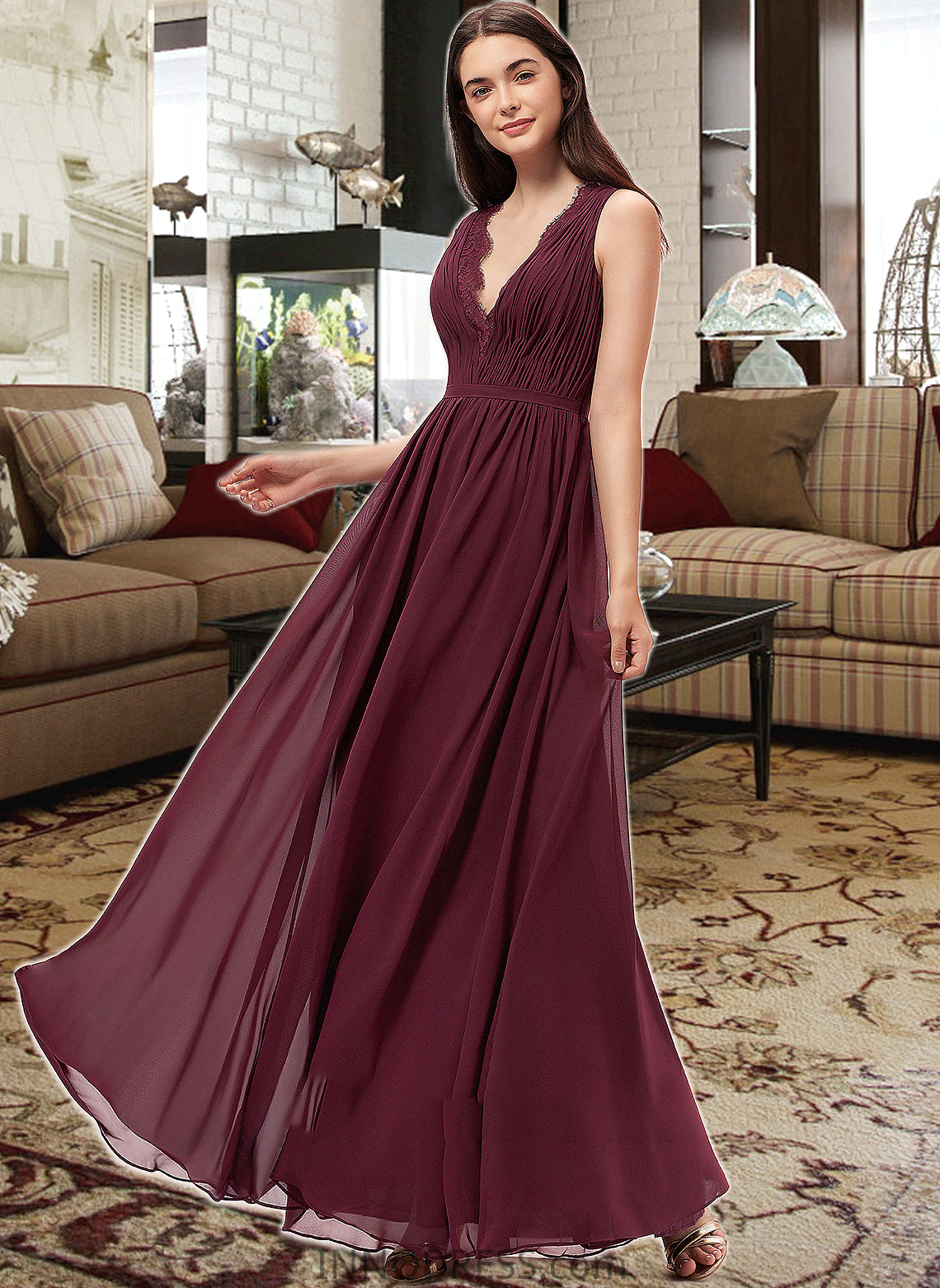 Janiah A-Line V-neck Floor-Length Chiffon Bridesmaid Dress With Ruffle Lace DPP0013129