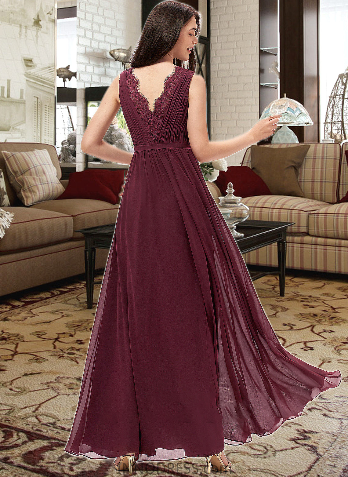 Janiah A-Line V-neck Floor-Length Chiffon Bridesmaid Dress With Ruffle Lace DPP0013129