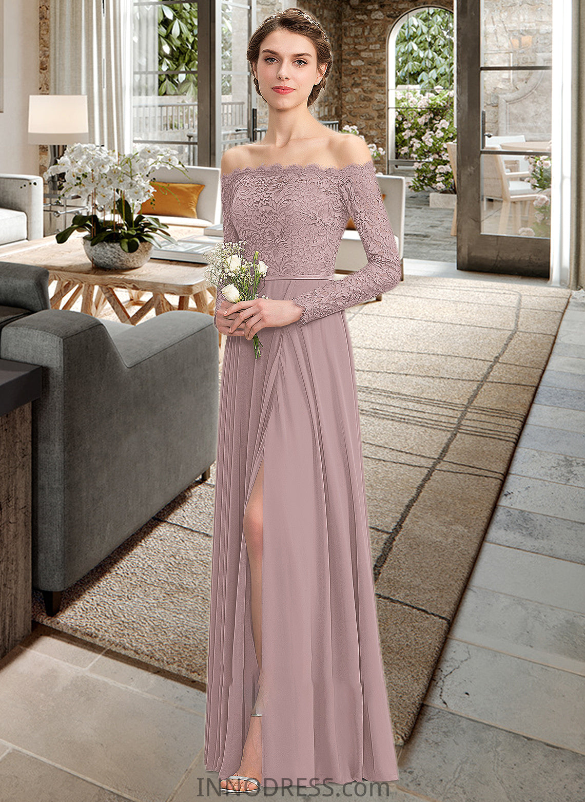 Esther A-Line Off-the-Shoulder Floor-Length Chiffon Lace Bridesmaid Dress With Split Front DPP0013131