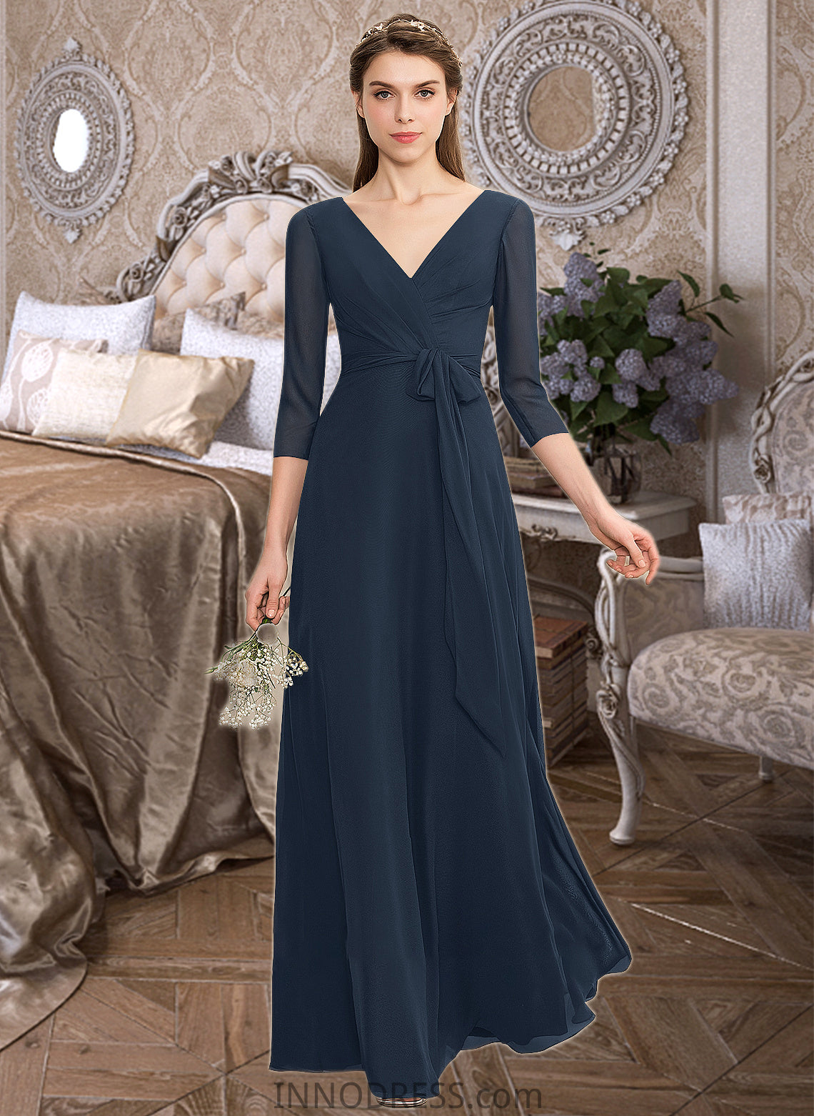 EmeryPiper A-Line V-neck Floor-Length Chiffon Bridesmaid Dress With Ruffle Bow(s) DPP0013132