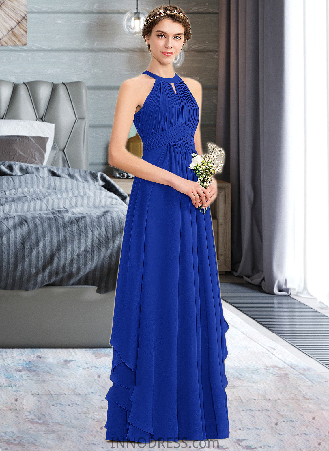 Patti A-Line Scoop Neck Floor-Length Chiffon Bridesmaid Dress With Ruffle DPP0013133