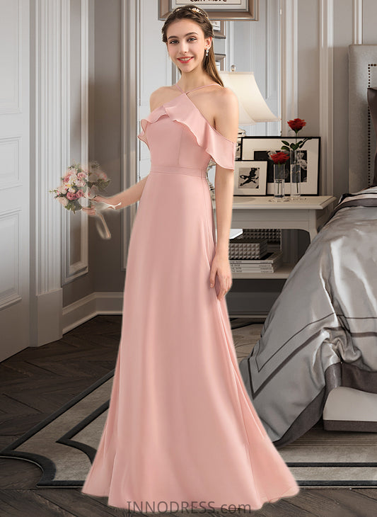 Lois A-Line V-neck Floor-Length Chiffon Bridesmaid Dress With Bow(s) Cascading Ruffles DPP0013134