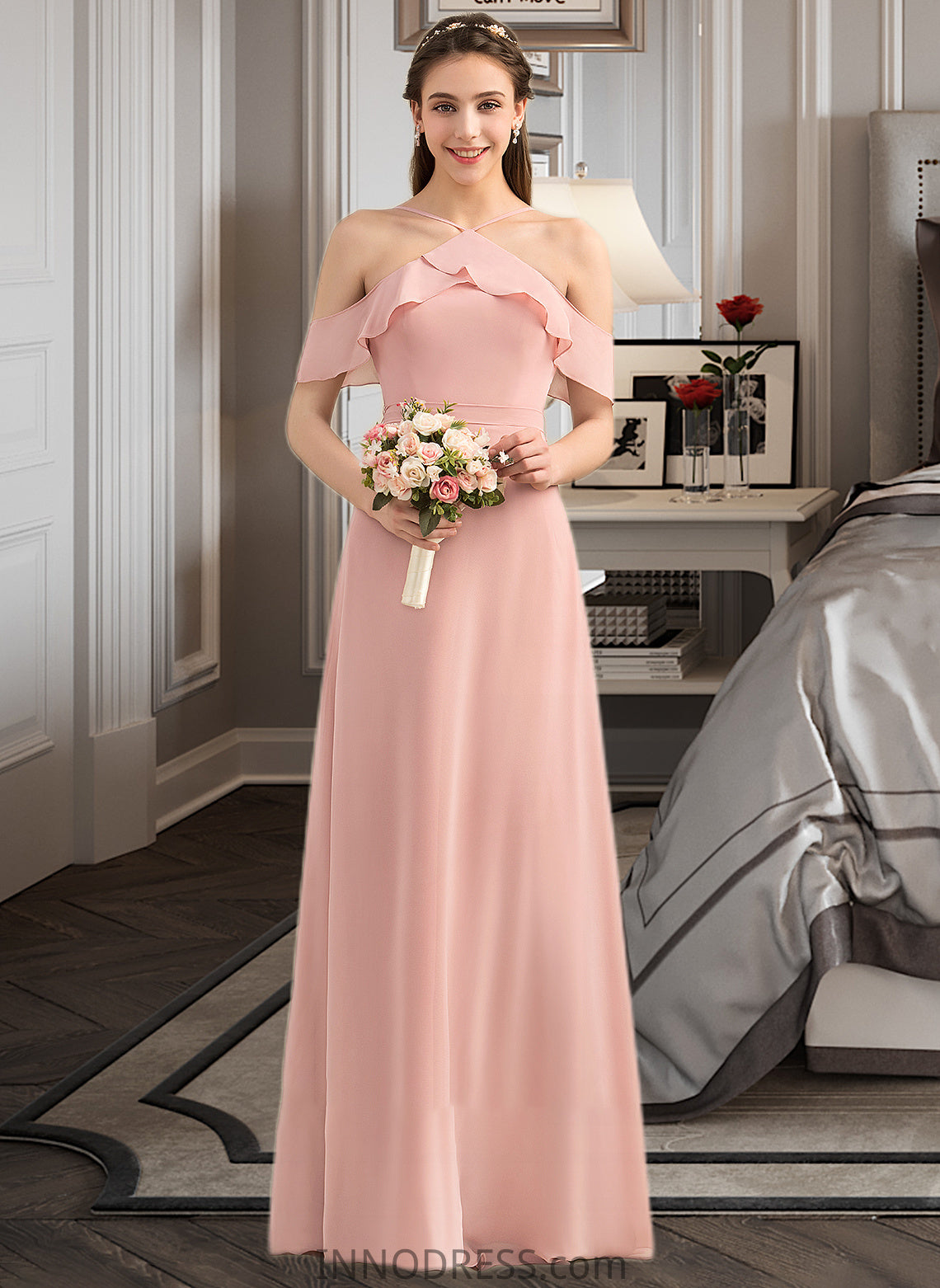 Lois A-Line V-neck Floor-Length Chiffon Bridesmaid Dress With Bow(s) Cascading Ruffles DPP0013134