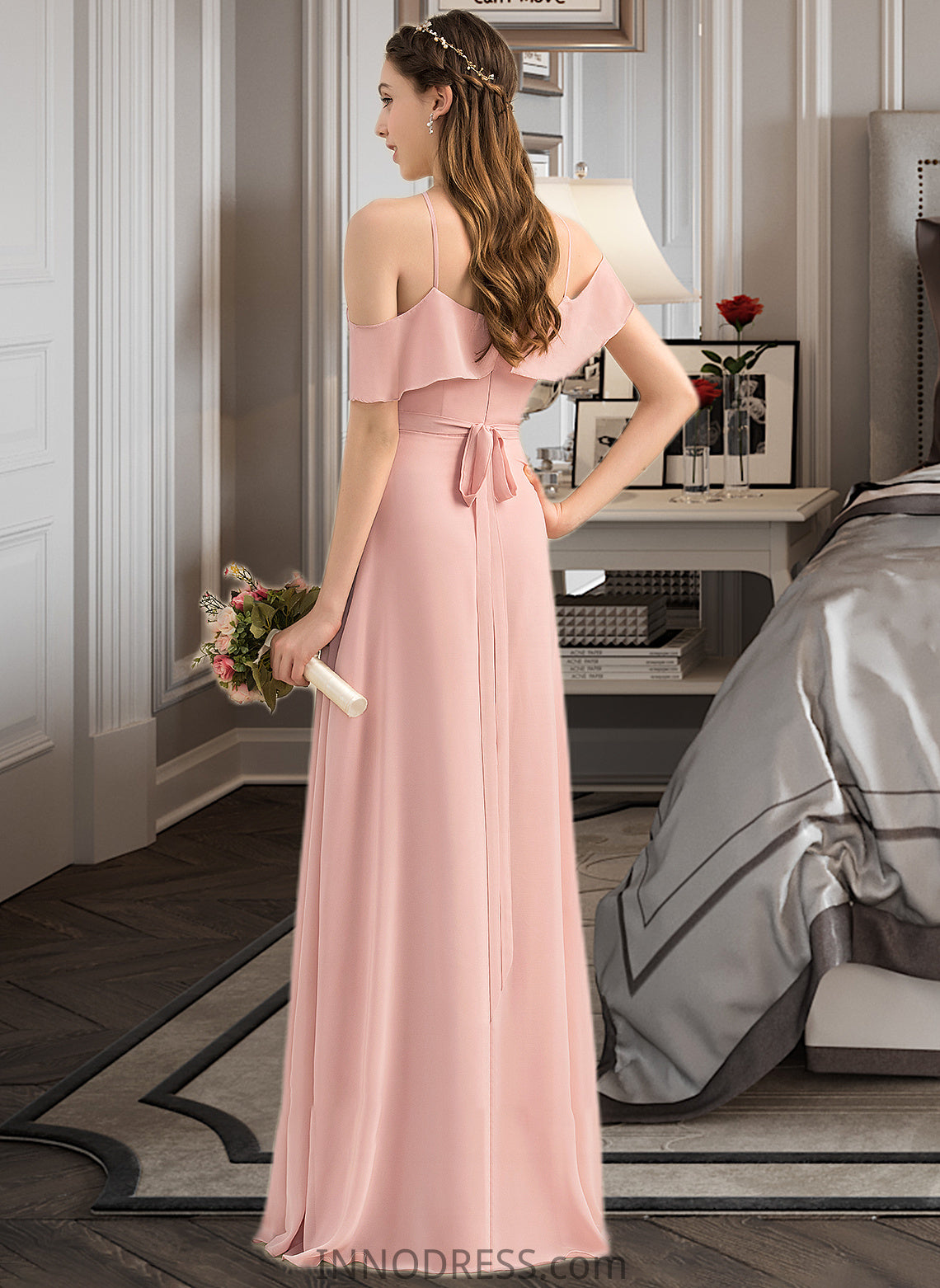 Lois A-Line V-neck Floor-Length Chiffon Bridesmaid Dress With Bow(s) Cascading Ruffles DPP0013134