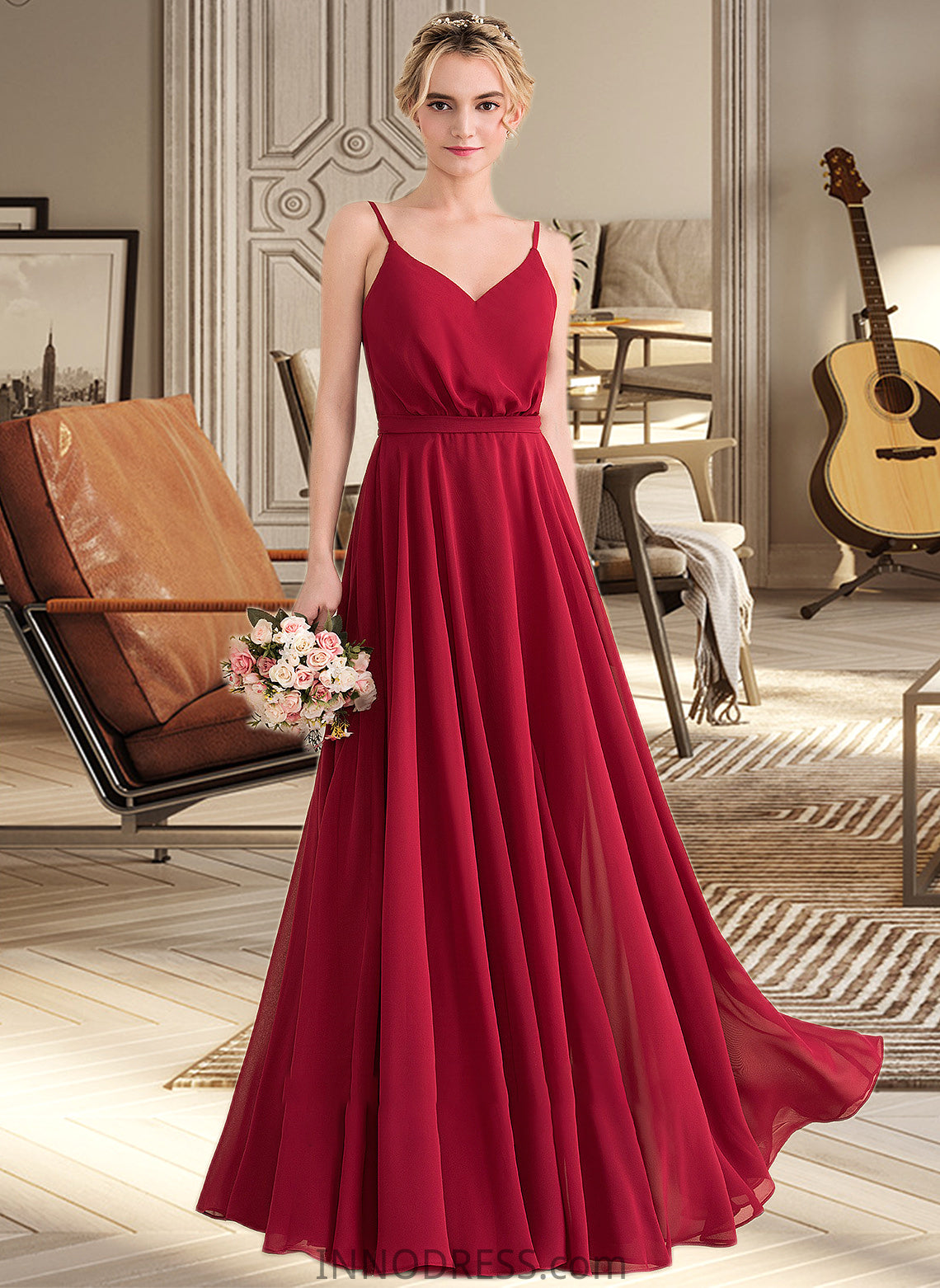 Raquel A-Line V-neck Floor-Length Chiffon Bridesmaid Dress With Bow(s) DPP0013135