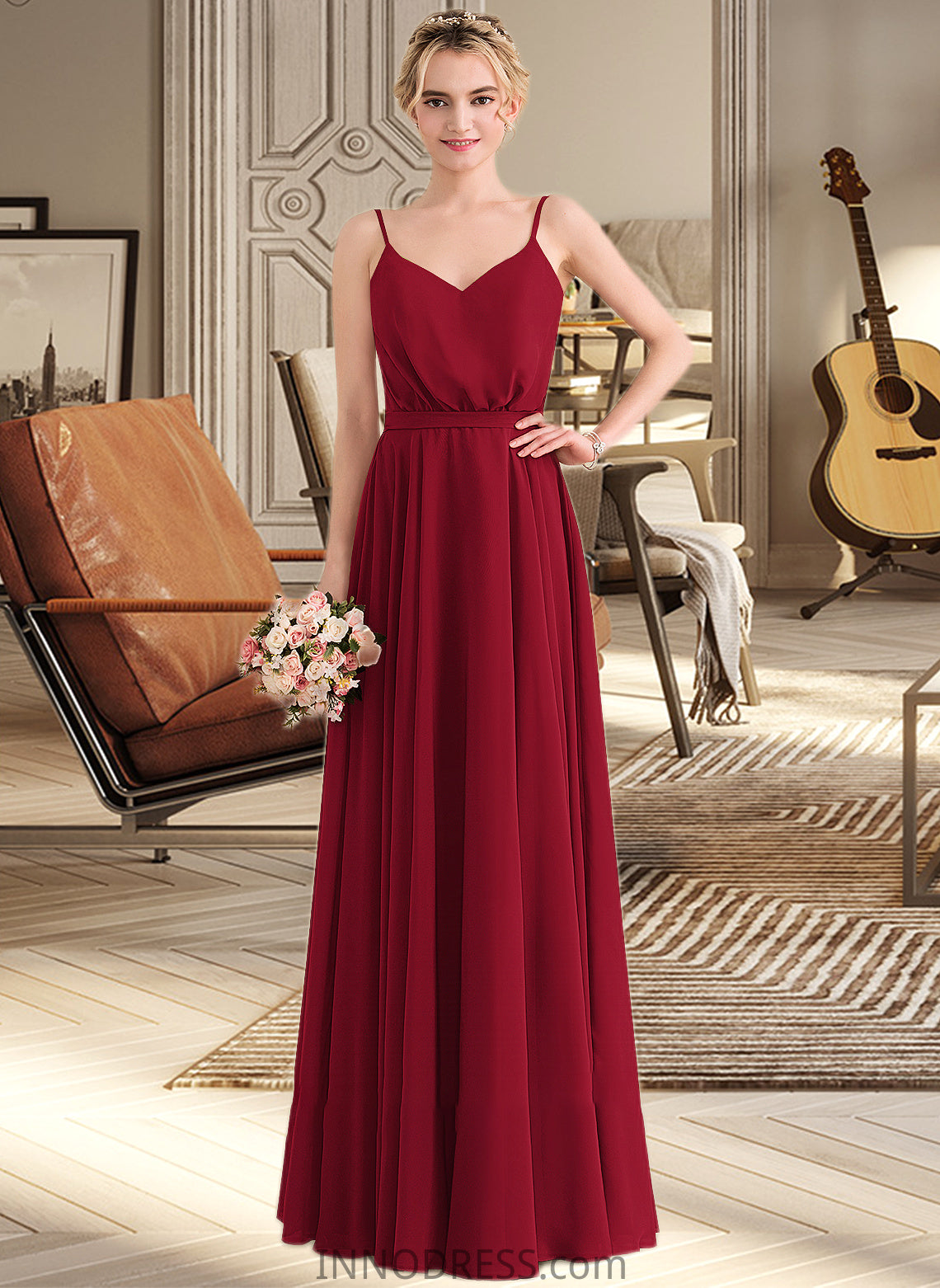 Raquel A-Line V-neck Floor-Length Chiffon Bridesmaid Dress With Bow(s) DPP0013135