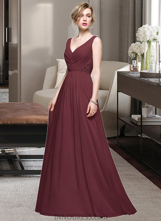 Amari A-Line V-neck Floor-Length Chiffon Bridesmaid Dress With Ruffle Lace Beading Sequins DPP0013136