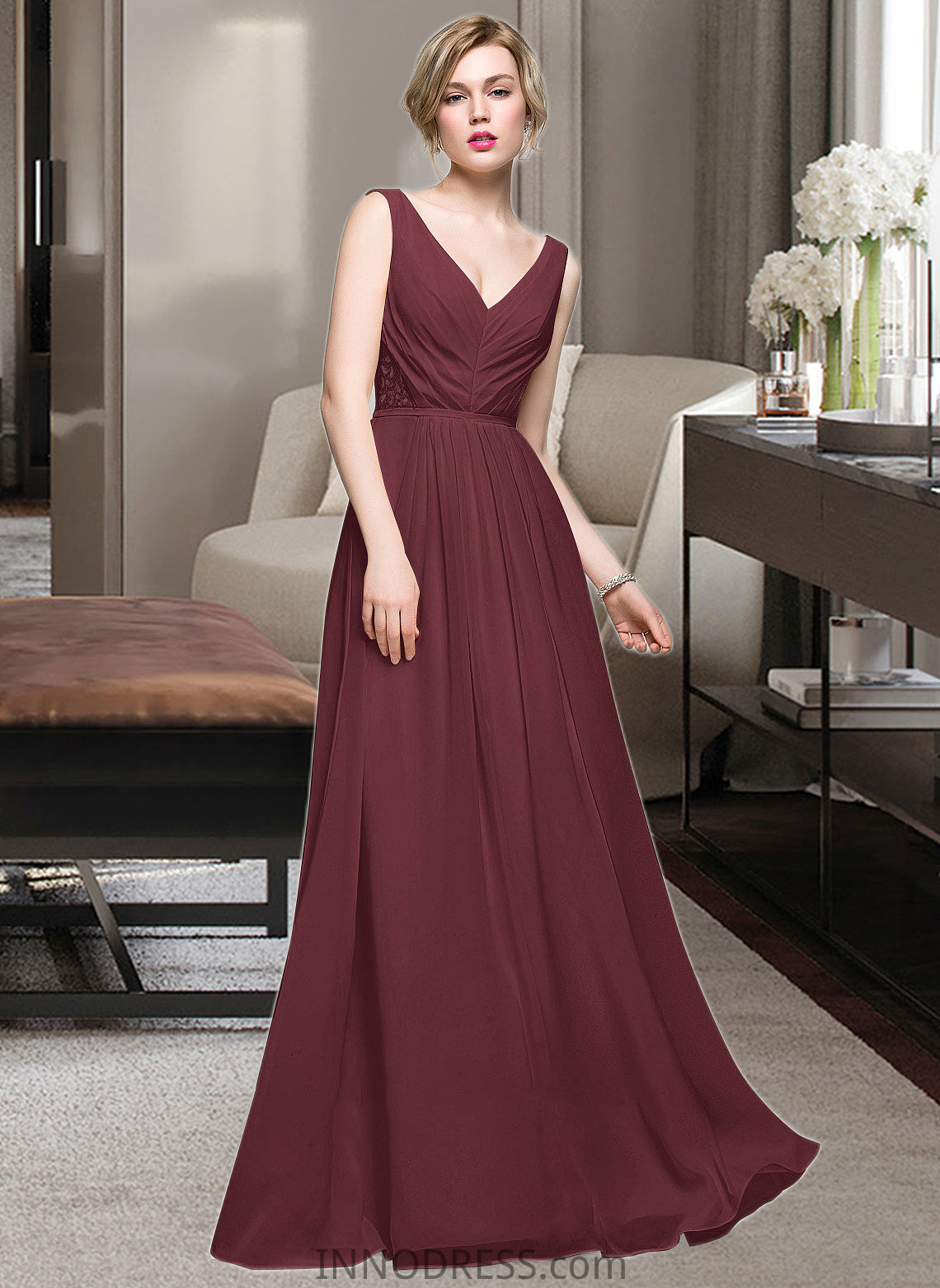 Amari A-Line V-neck Floor-Length Chiffon Bridesmaid Dress With Ruffle Lace Beading Sequins DPP0013136