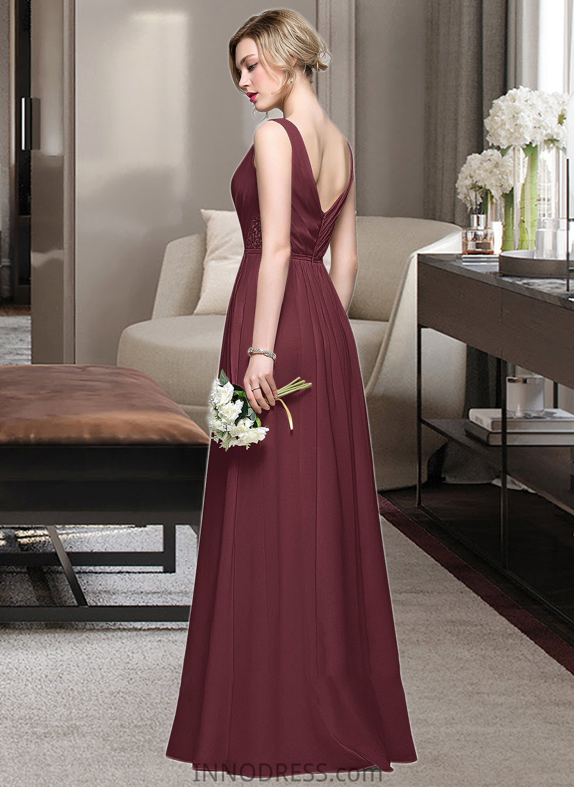 Amari A-Line V-neck Floor-Length Chiffon Bridesmaid Dress With Ruffle Lace Beading Sequins DPP0013136