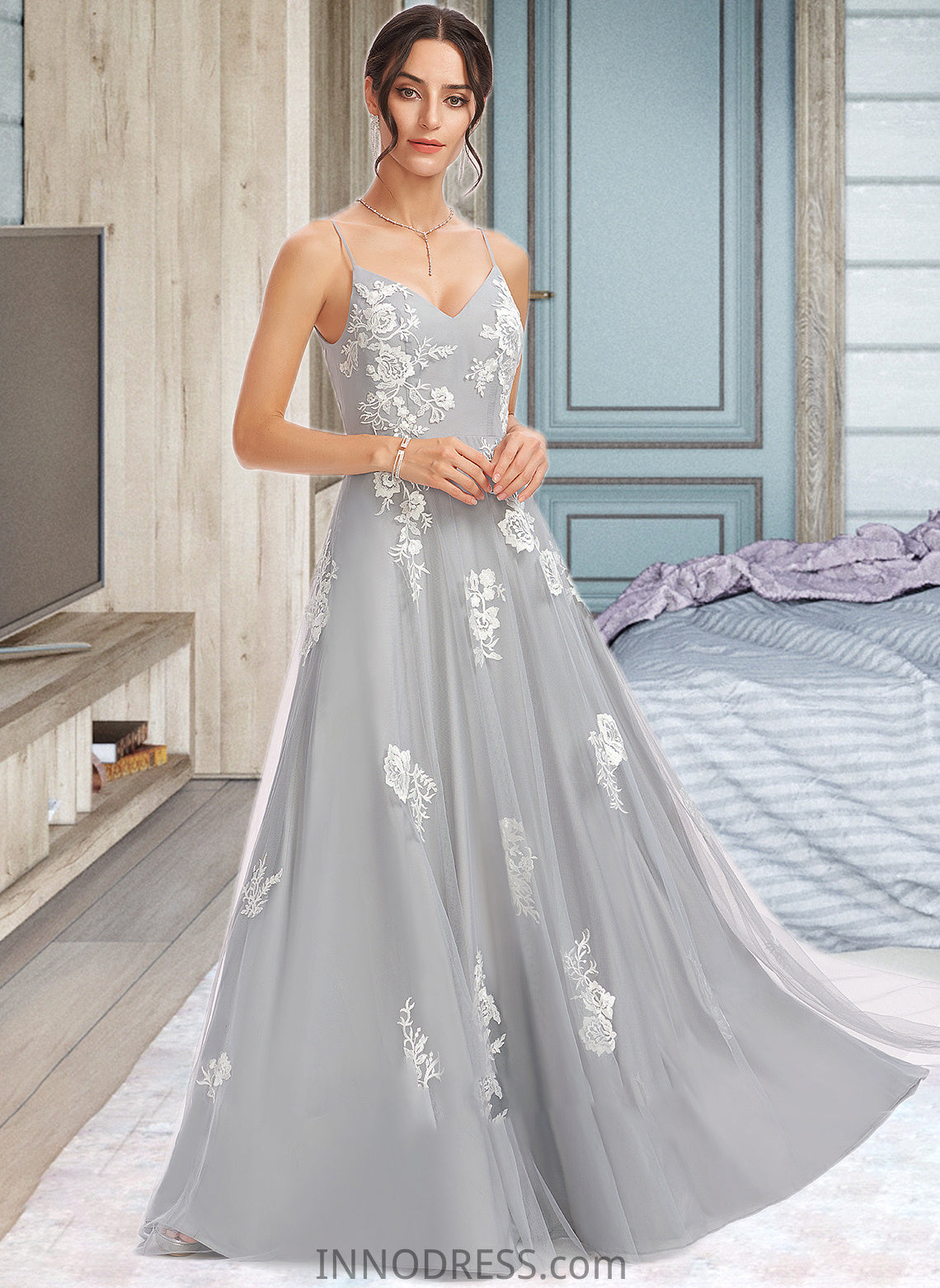 Thea A-Line V-neck Floor-Length Bridesmaid Dress With Lace DPP0013140