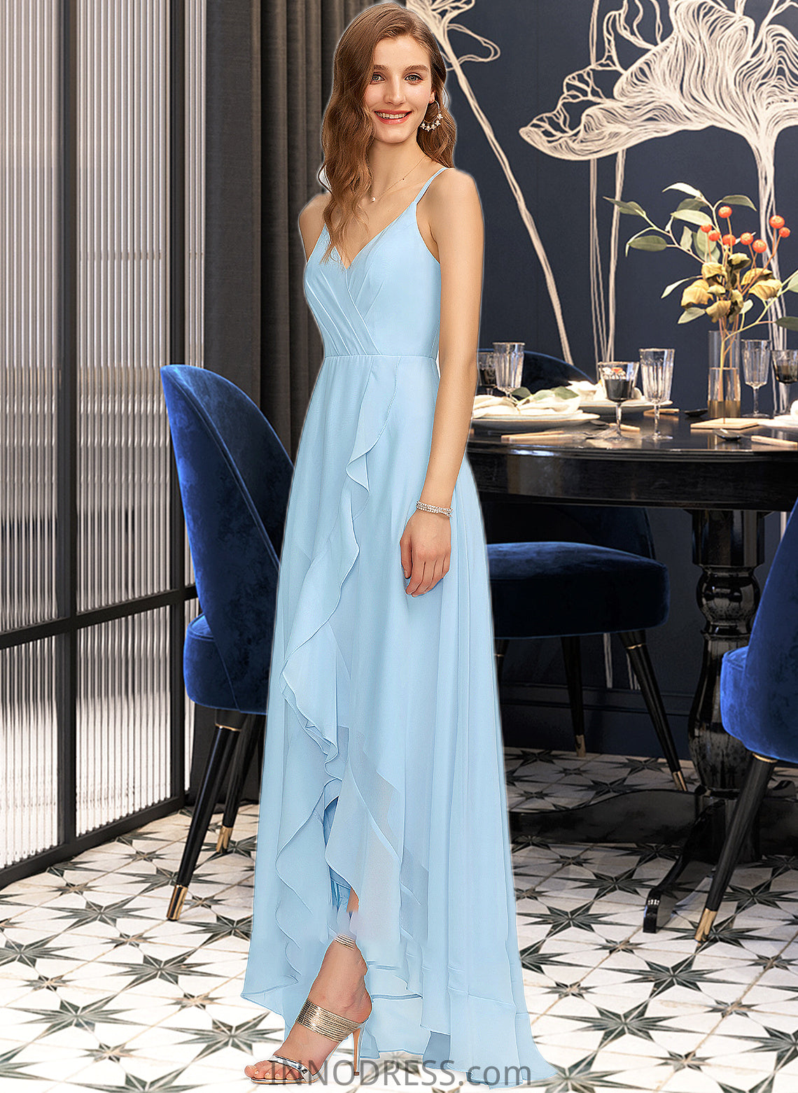 Ayana A-Line V-neck Asymmetrical Chiffon Bridesmaid Dress With Cascading Ruffles DPP0013145