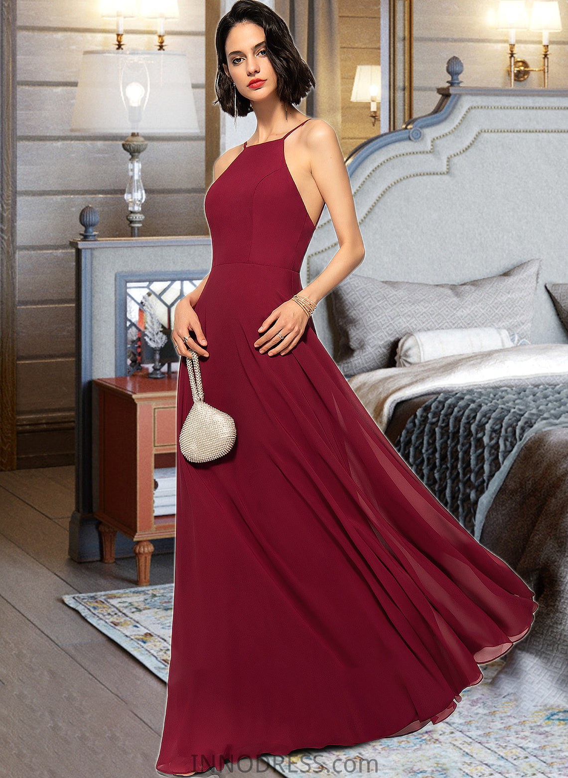 Alisha A-Line Scoop Neck Square Neckline Floor-Length Chiffon Bridesmaid Dress DPP0013146