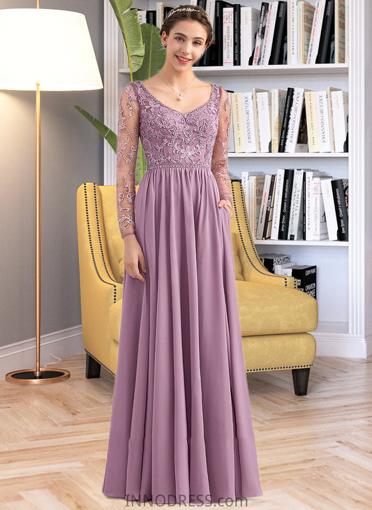 Dylan A-Line V-neck Floor-Length Chiffon Lace Bridesmaid Dress With Beading Pockets DPP0013147