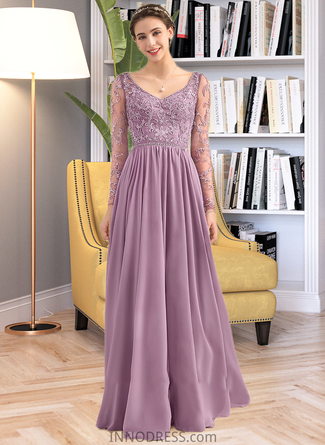 Dylan A-Line V-neck Floor-Length Chiffon Lace Bridesmaid Dress With Beading Pockets DPP0013147