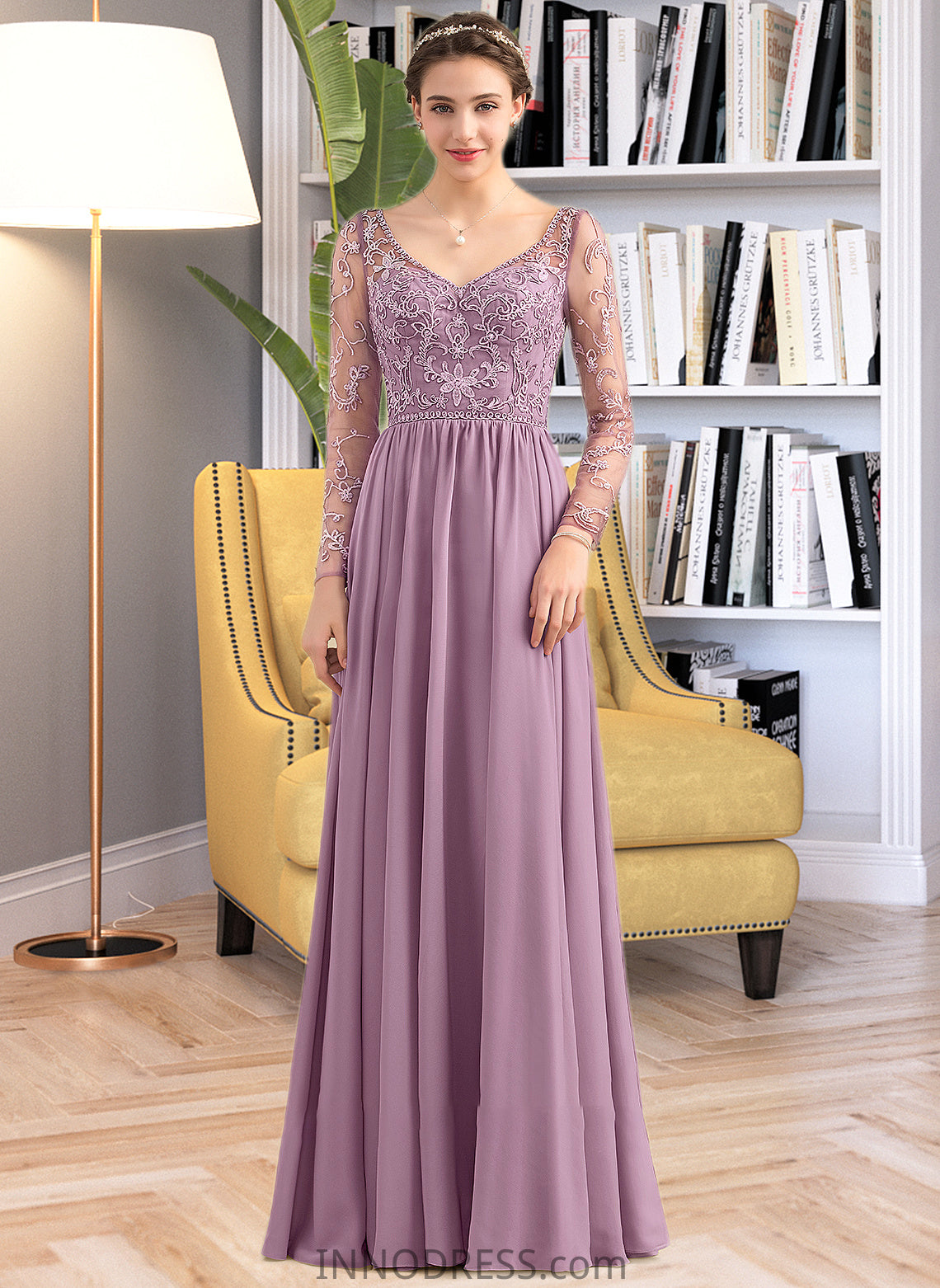 Dylan A-Line V-neck Floor-Length Chiffon Lace Bridesmaid Dress With Beading Pockets DPP0013147