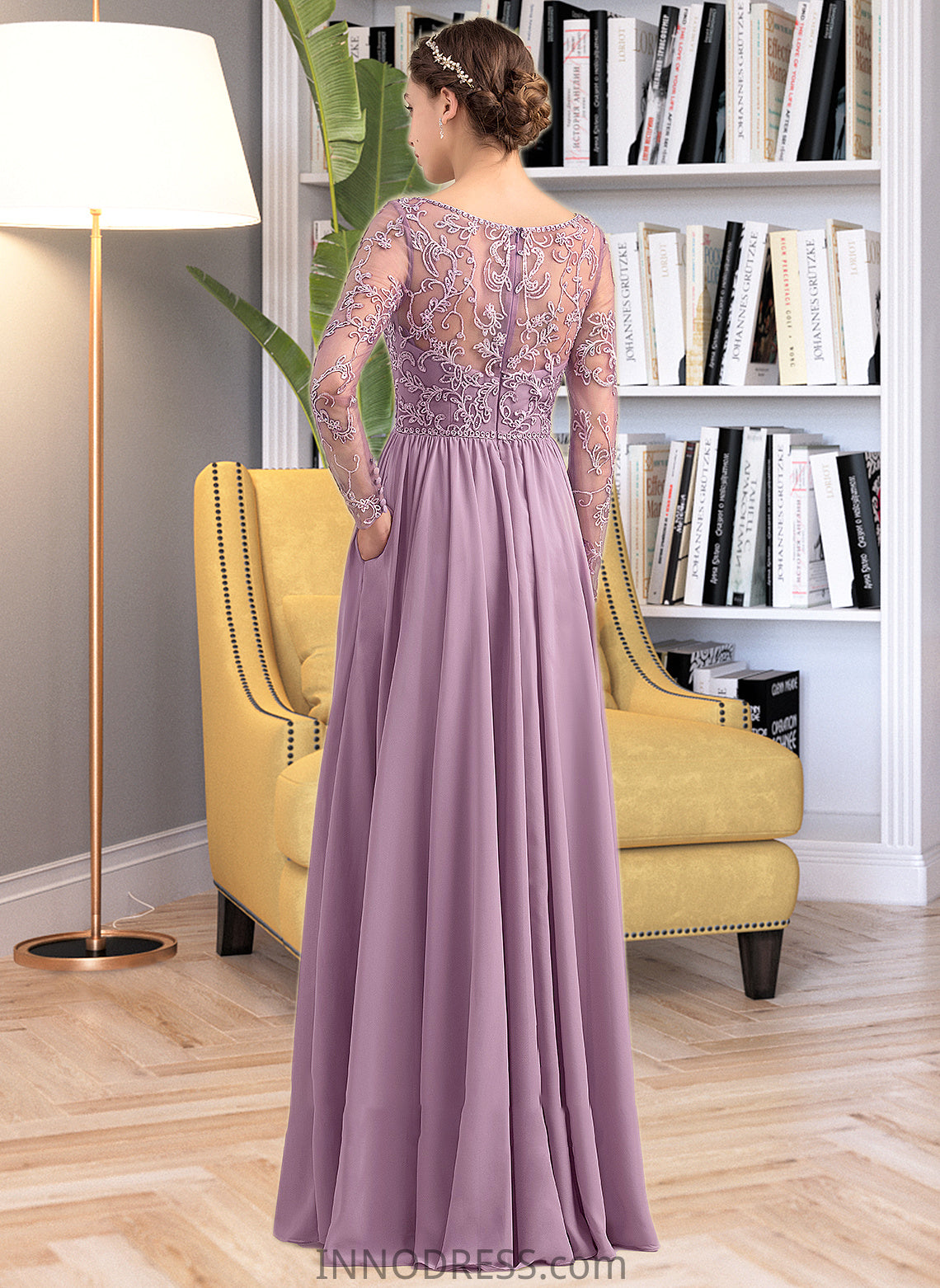 Dylan A-Line V-neck Floor-Length Chiffon Lace Bridesmaid Dress With Beading Pockets DPP0013147