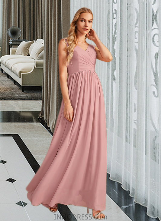 Kendall A-Line V-neck Floor-Length Bridesmaid Dress With Ruffle Bow(s) DPP0013148