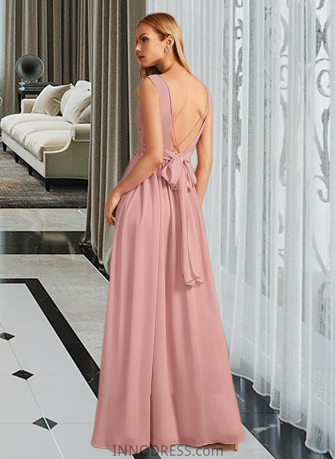 Kendall A-Line V-neck Floor-Length Bridesmaid Dress With Ruffle Bow(s) DPP0013148