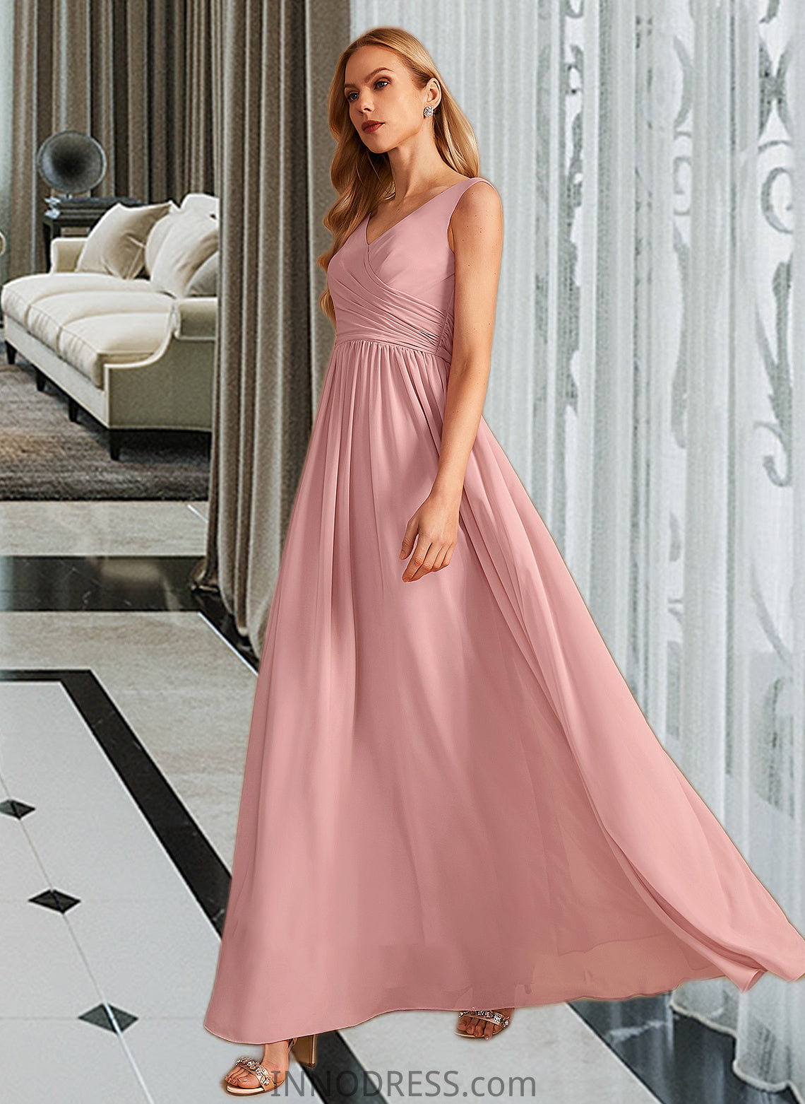 Kendall A-Line V-neck Floor-Length Bridesmaid Dress With Ruffle Bow(s) DPP0013148