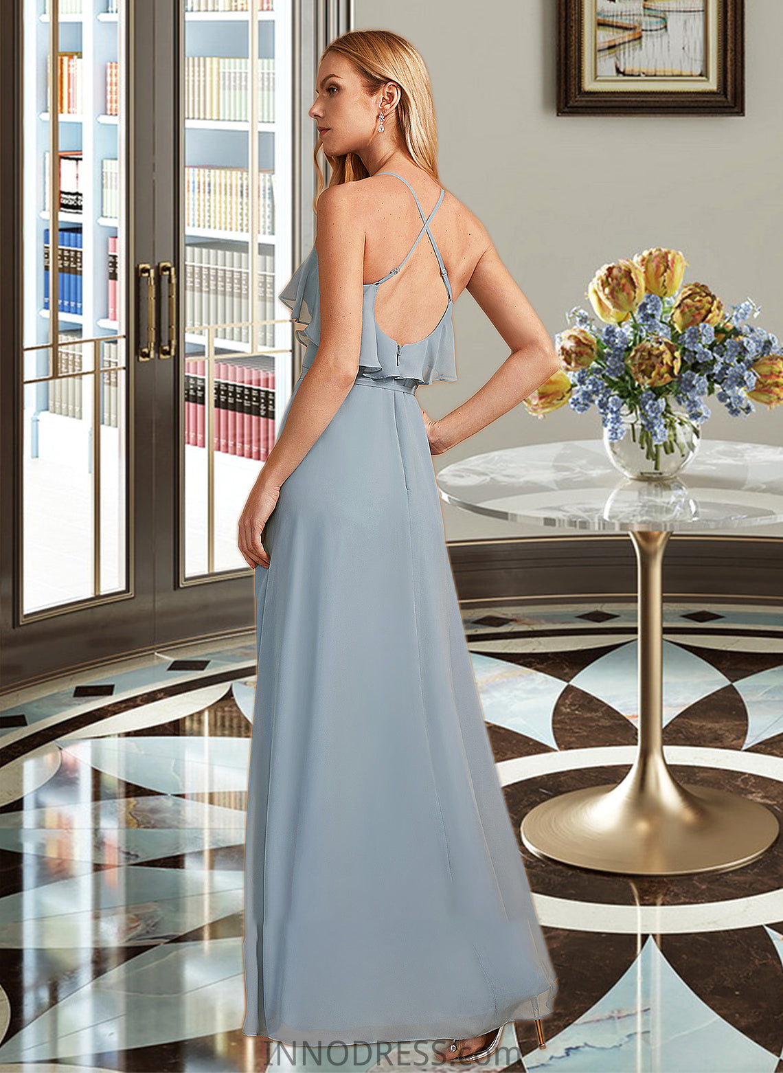 Kaley A-Line V-neck Asymmetrical Bridesmaid Dress With Ruffle DPP0013155