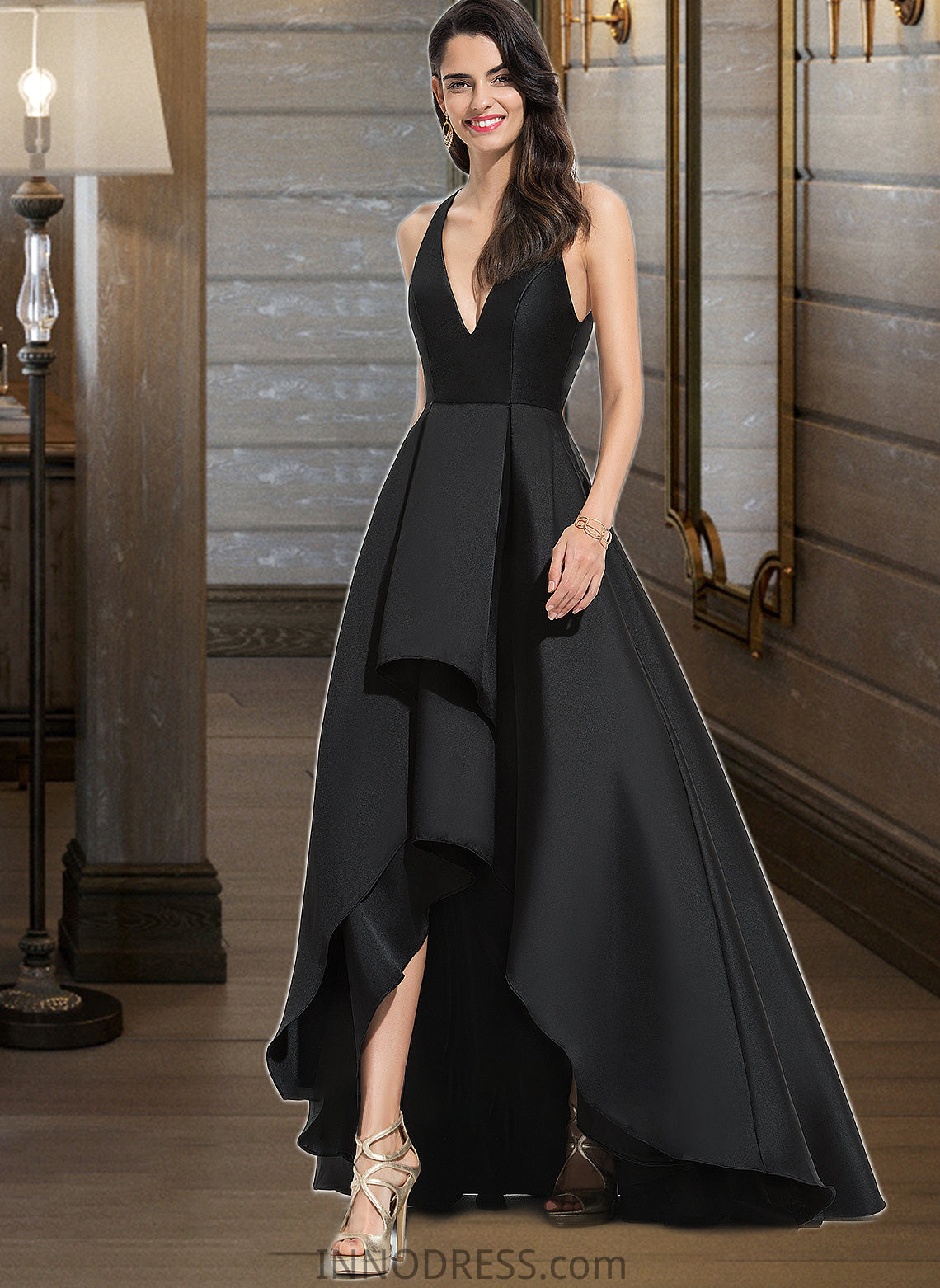 Haley Ball-Gown/Princess V-neck Asymmetrical Satin Bridesmaid Dress With Cascading Ruffles DPP0013157