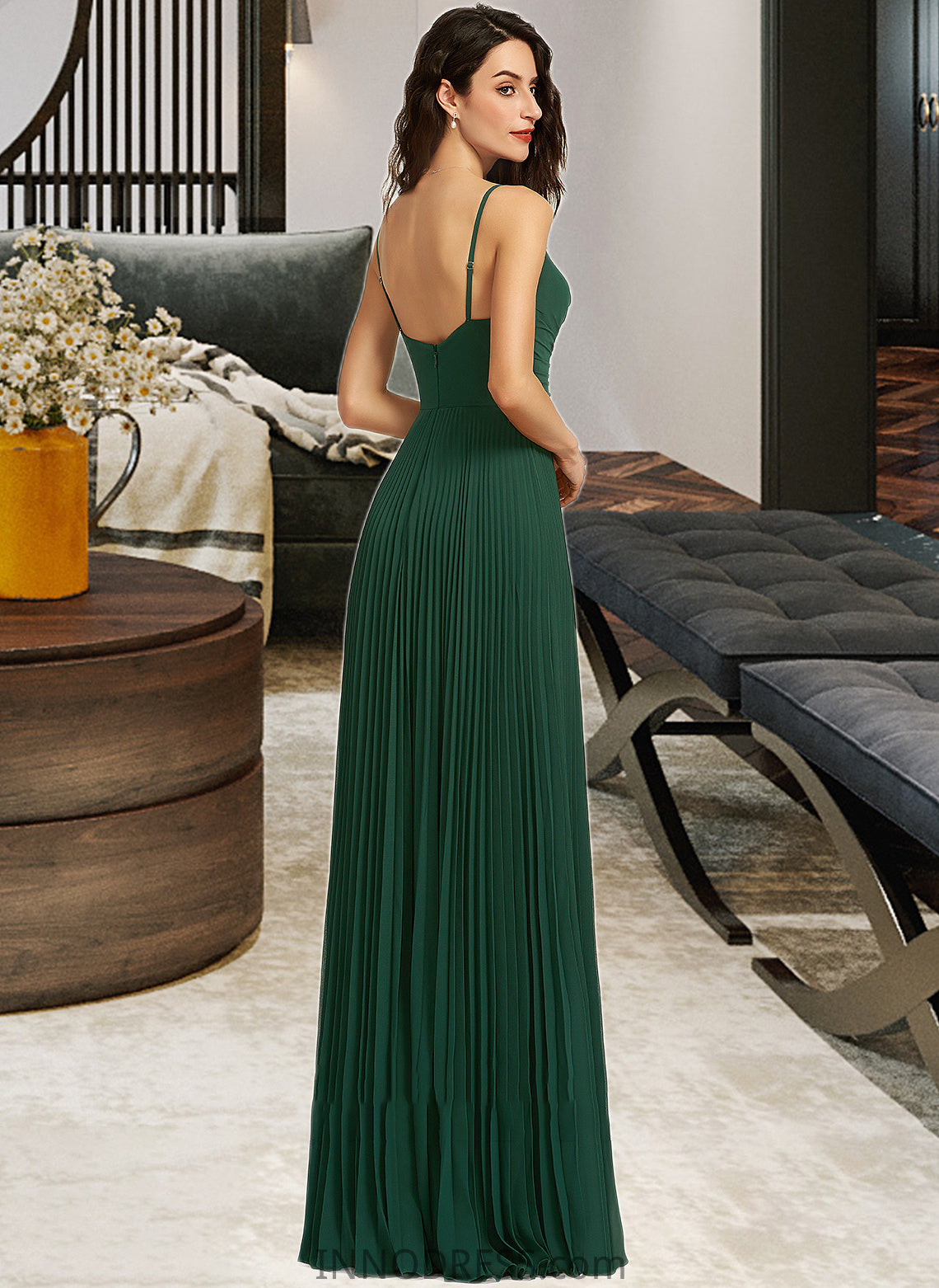 Amani A-Line V-neck Floor-Length Bridesmaid Dress With Pleated DPP0013159