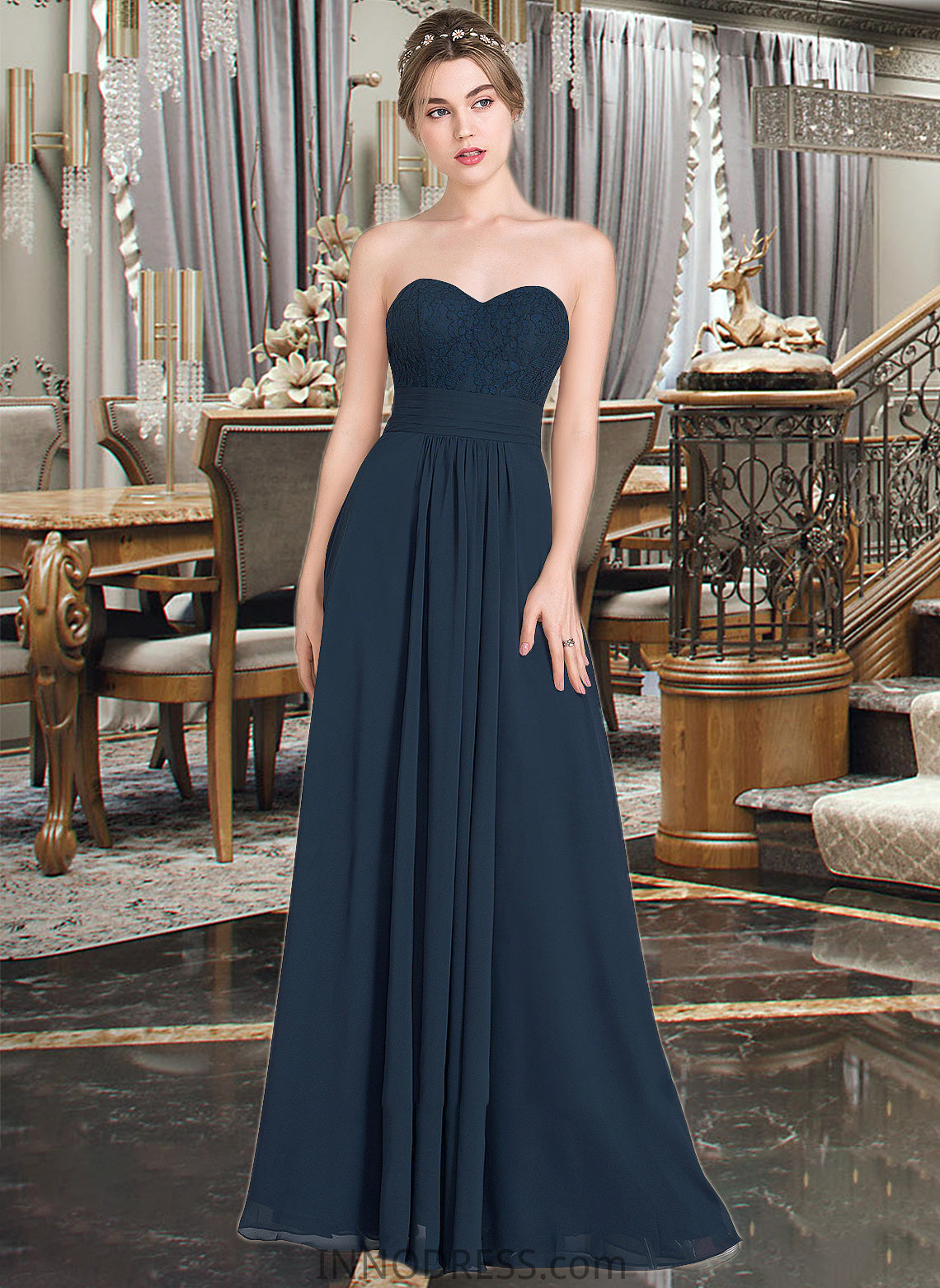 Brittany A-Line Sweetheart Floor-Length Chiffon Lace Bridesmaid Dress With Ruffle DPP0013163