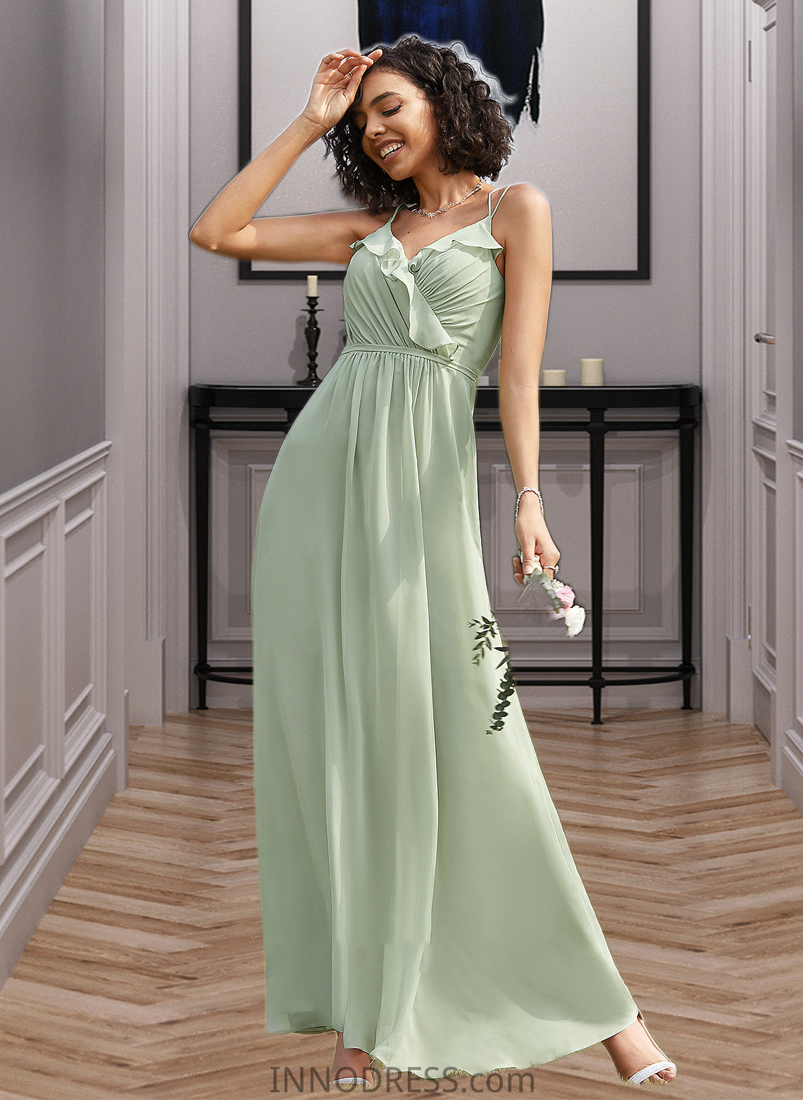 Amy A-Line V-neck Floor-Length Bridesmaid Dress With Ruffle DPP0013164