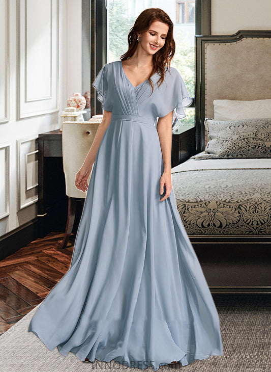 Libby A-Line V-neck Floor-Length Bridesmaid Dress With Ruffle DPP0013165