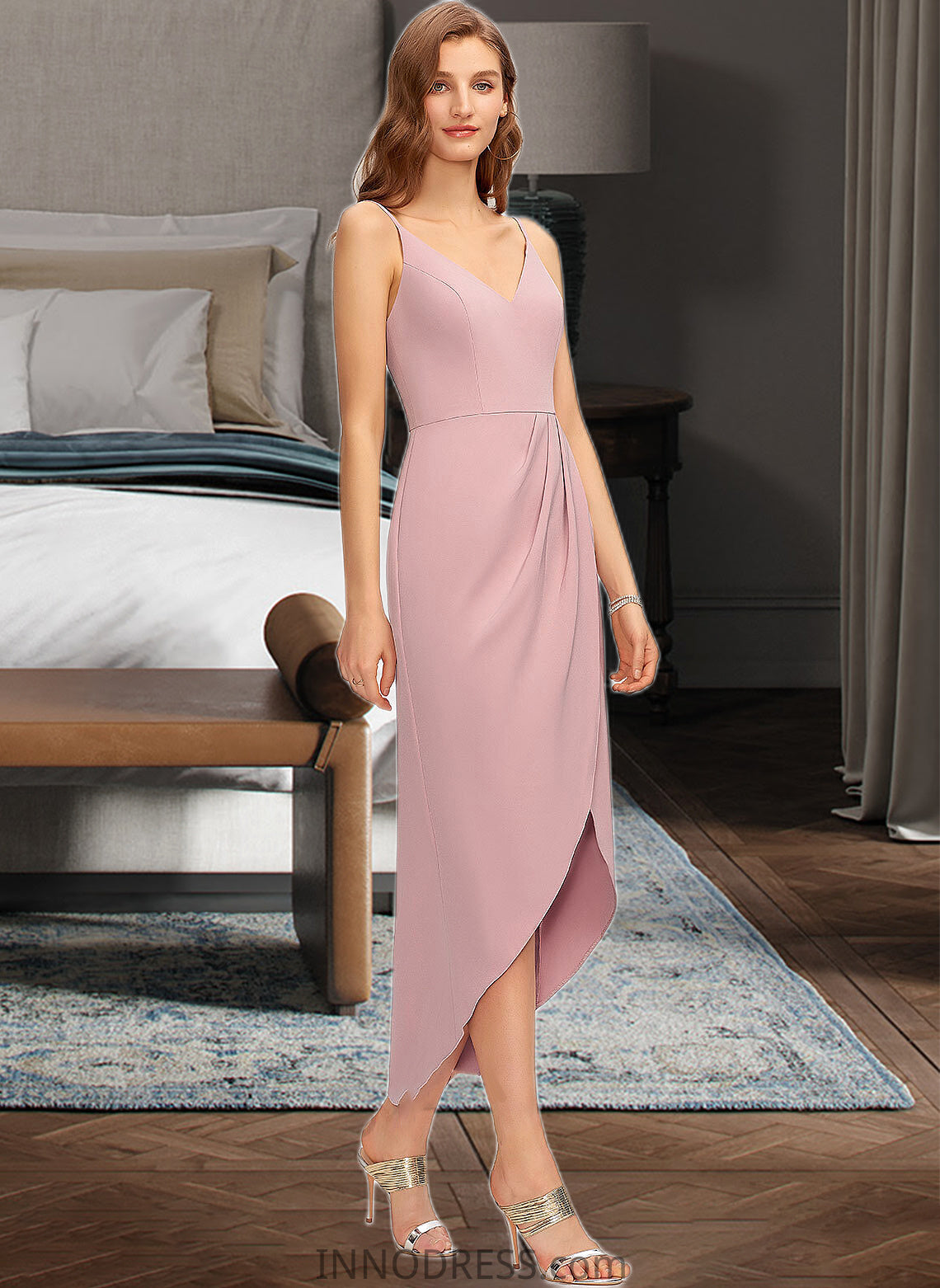 Allie Sheath/Column V-neck Asymmetrical Stretch Crepe Bridesmaid Dress DPP0013167