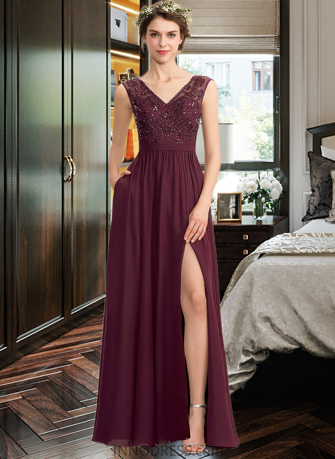 Yvonne A-Line V-neck Floor-Length Chiffon Lace Bridesmaid Dress With Beading Sequins Split Front Pockets DPP0013168