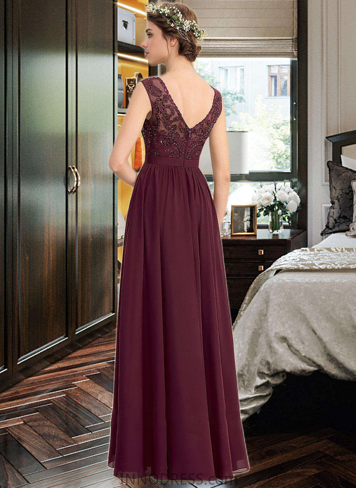 Yvonne A-Line V-neck Floor-Length Chiffon Lace Bridesmaid Dress With Beading Sequins Split Front Pockets DPP0013168