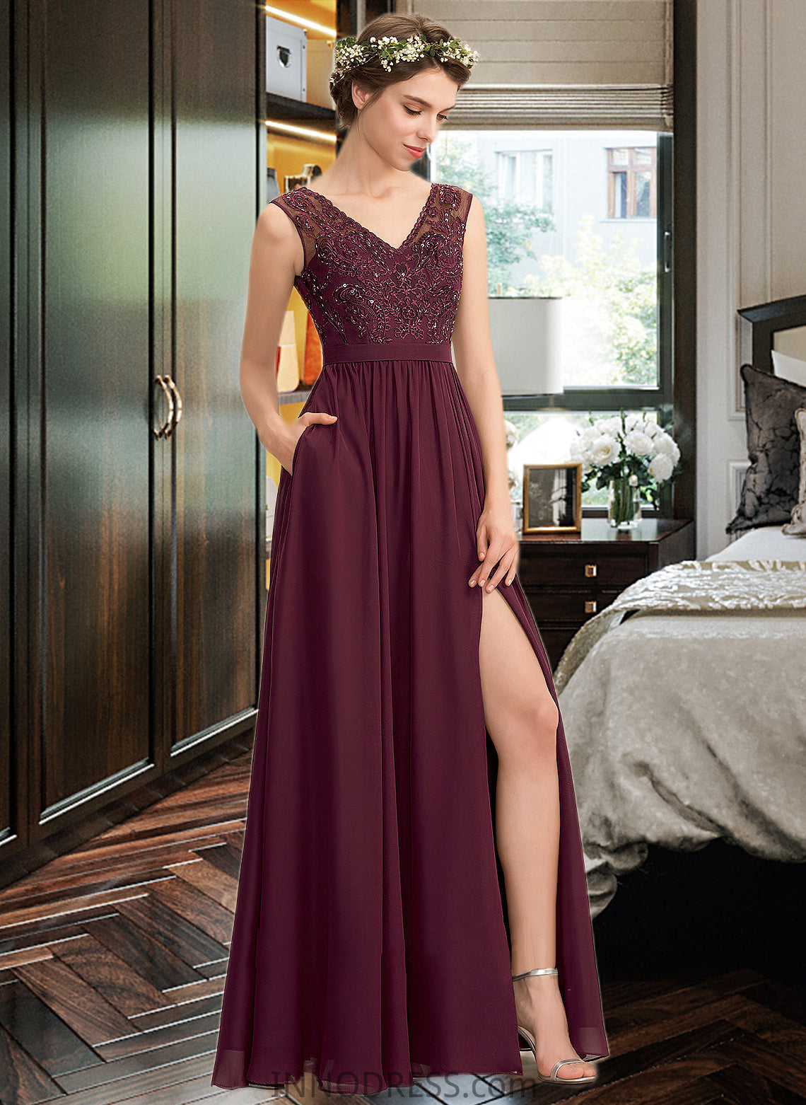 Yvonne A-Line V-neck Floor-Length Chiffon Lace Bridesmaid Dress With Beading Sequins Split Front Pockets DPP0013168