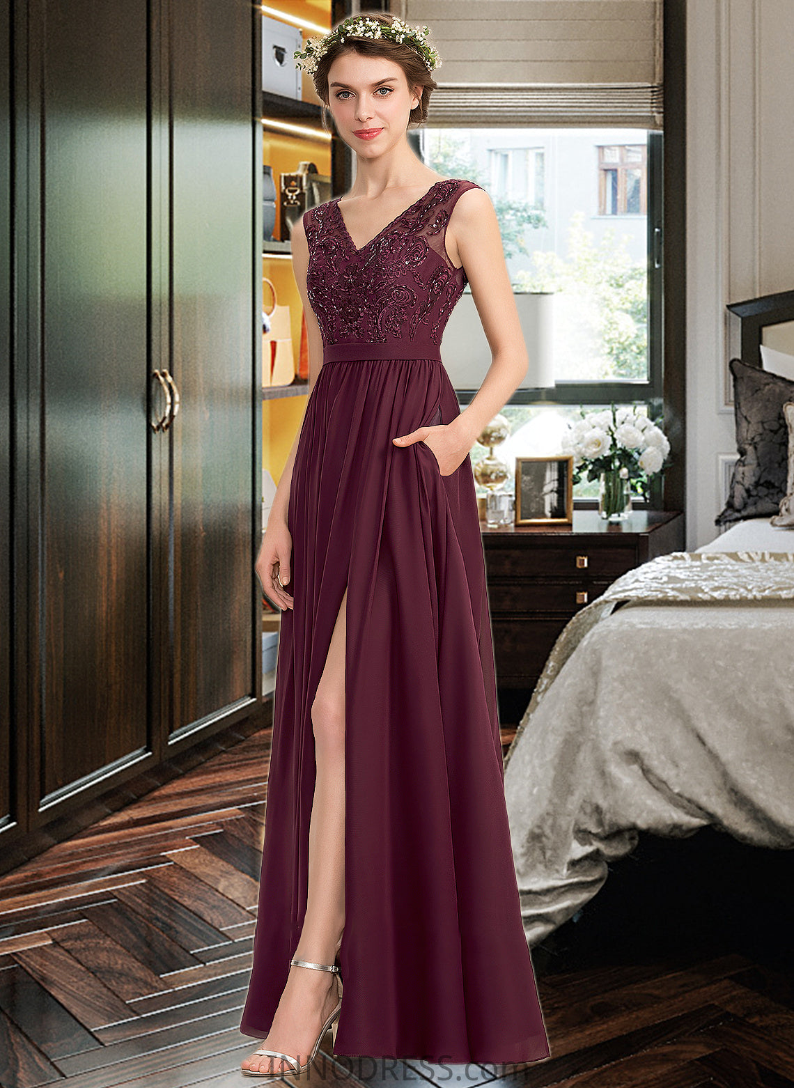 Yvonne A-Line V-neck Floor-Length Chiffon Lace Bridesmaid Dress With Beading Sequins Split Front Pockets DPP0013168