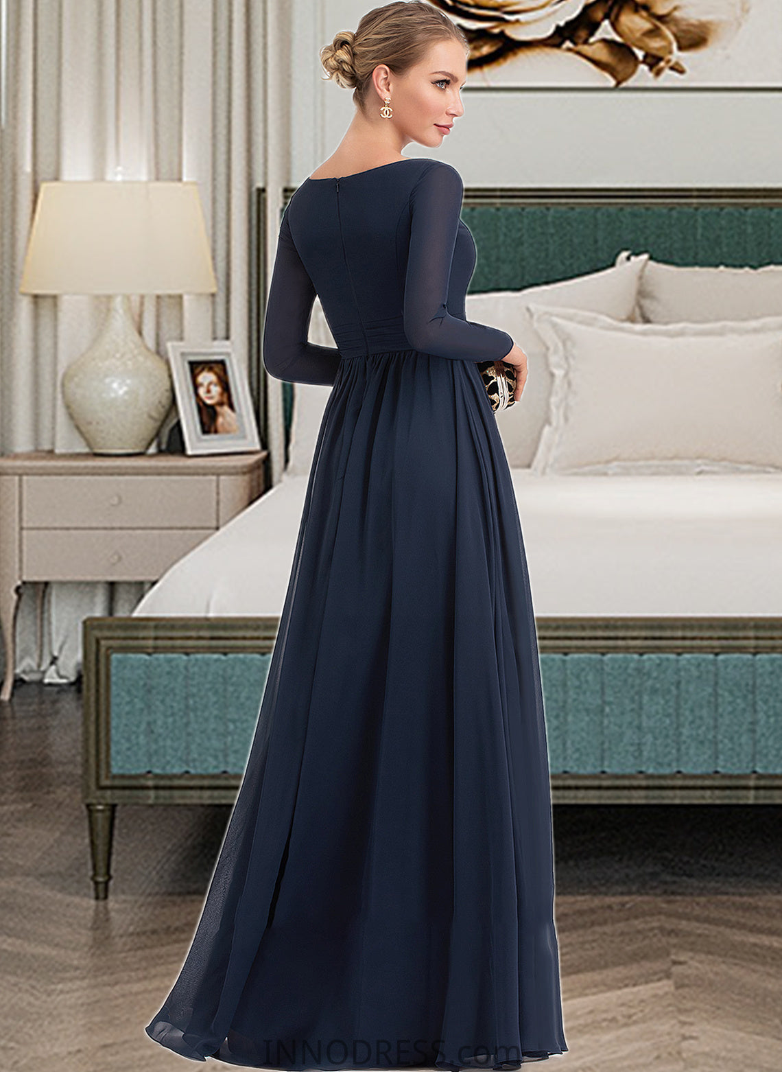 Penny A-Line V-neck Floor-Length Chiffon Bridesmaid Dress With Split Front DPP0013169