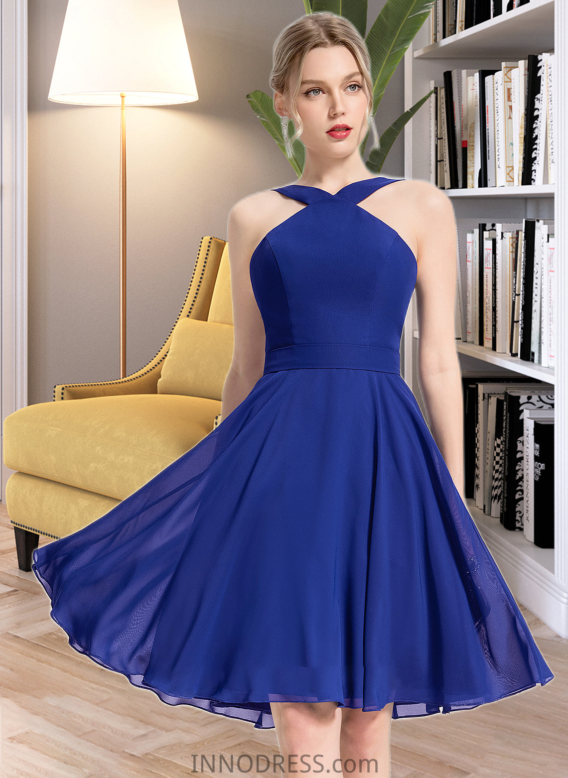 Kaylee A-line V-Neck Knee-Length Chiffon Bridesmaid Dress DPP0013170