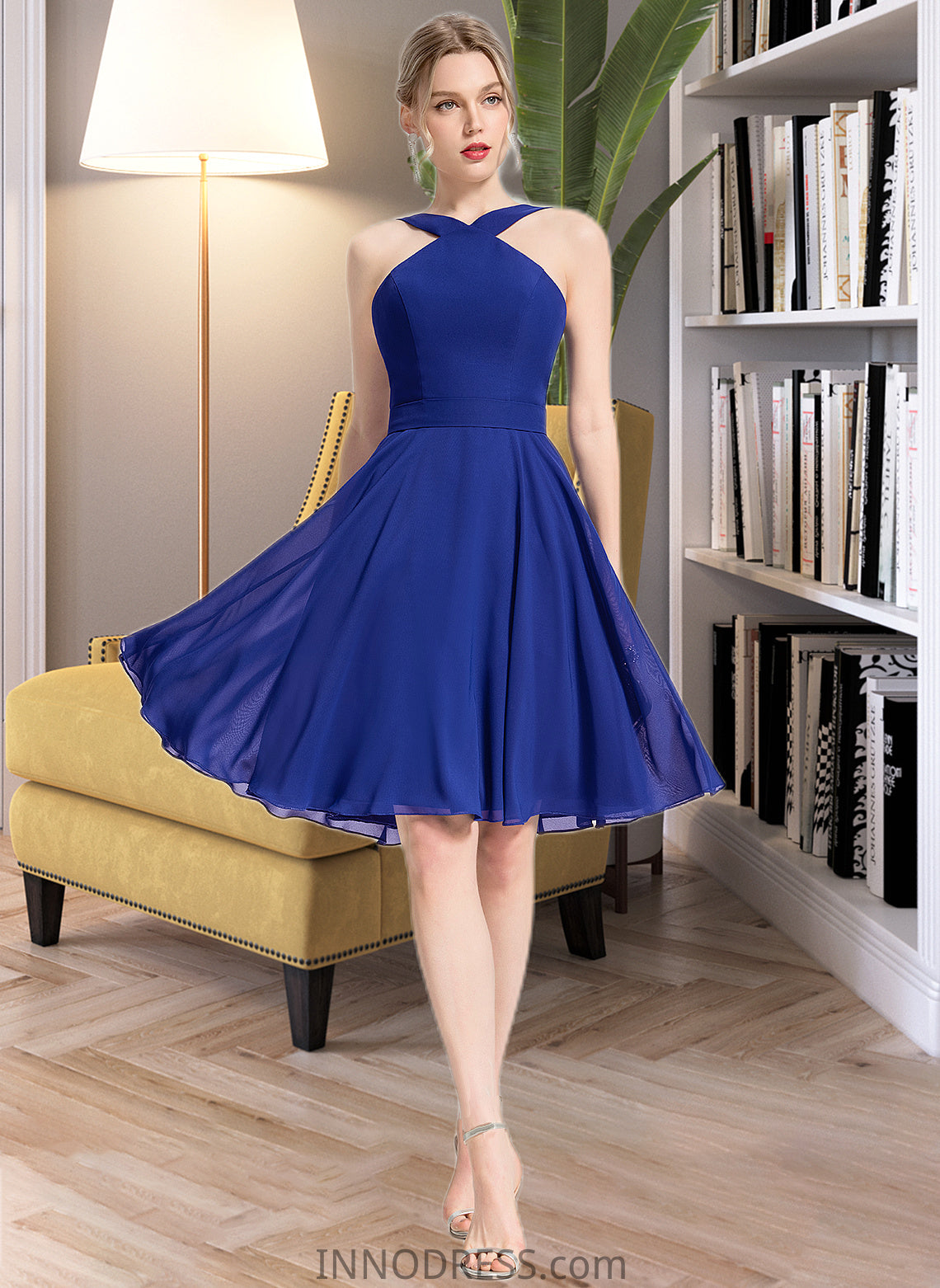 Kaylee A-line V-Neck Knee-Length Chiffon Bridesmaid Dress DPP0013170