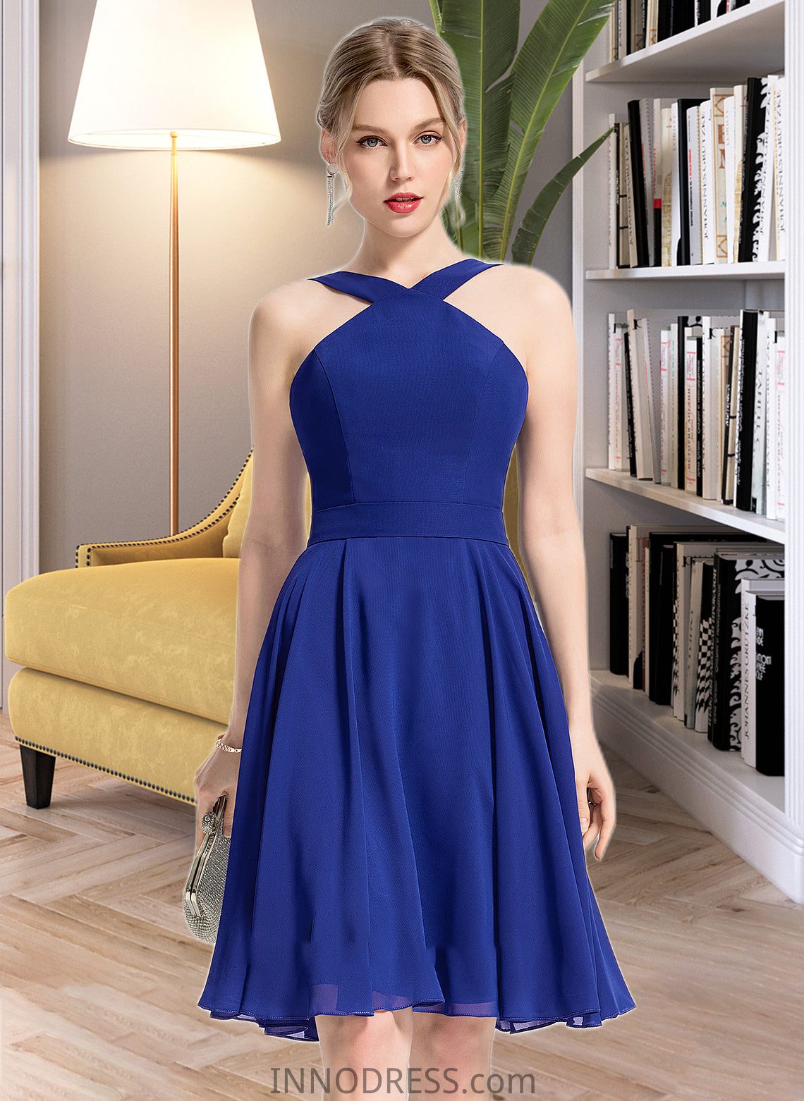 Kaylee A-line V-Neck Knee-Length Chiffon Bridesmaid Dress DPP0013170