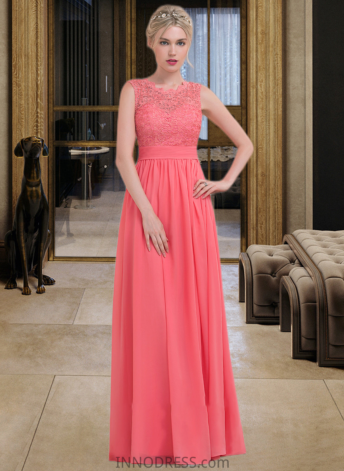 Izabella A-Line Scoop Neck Floor-Length Chiffon Lace Bridesmaid Dress With Ruffle DPP0013171