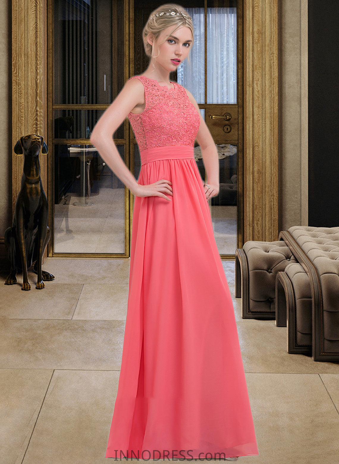 Izabella A-Line Scoop Neck Floor-Length Chiffon Lace Bridesmaid Dress With Ruffle DPP0013171